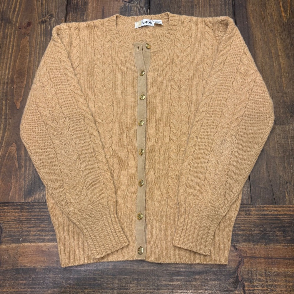 Aston Womens Camel Tan 100% Wool Cable Knit Cardigan Gold Crest Buttons Size M